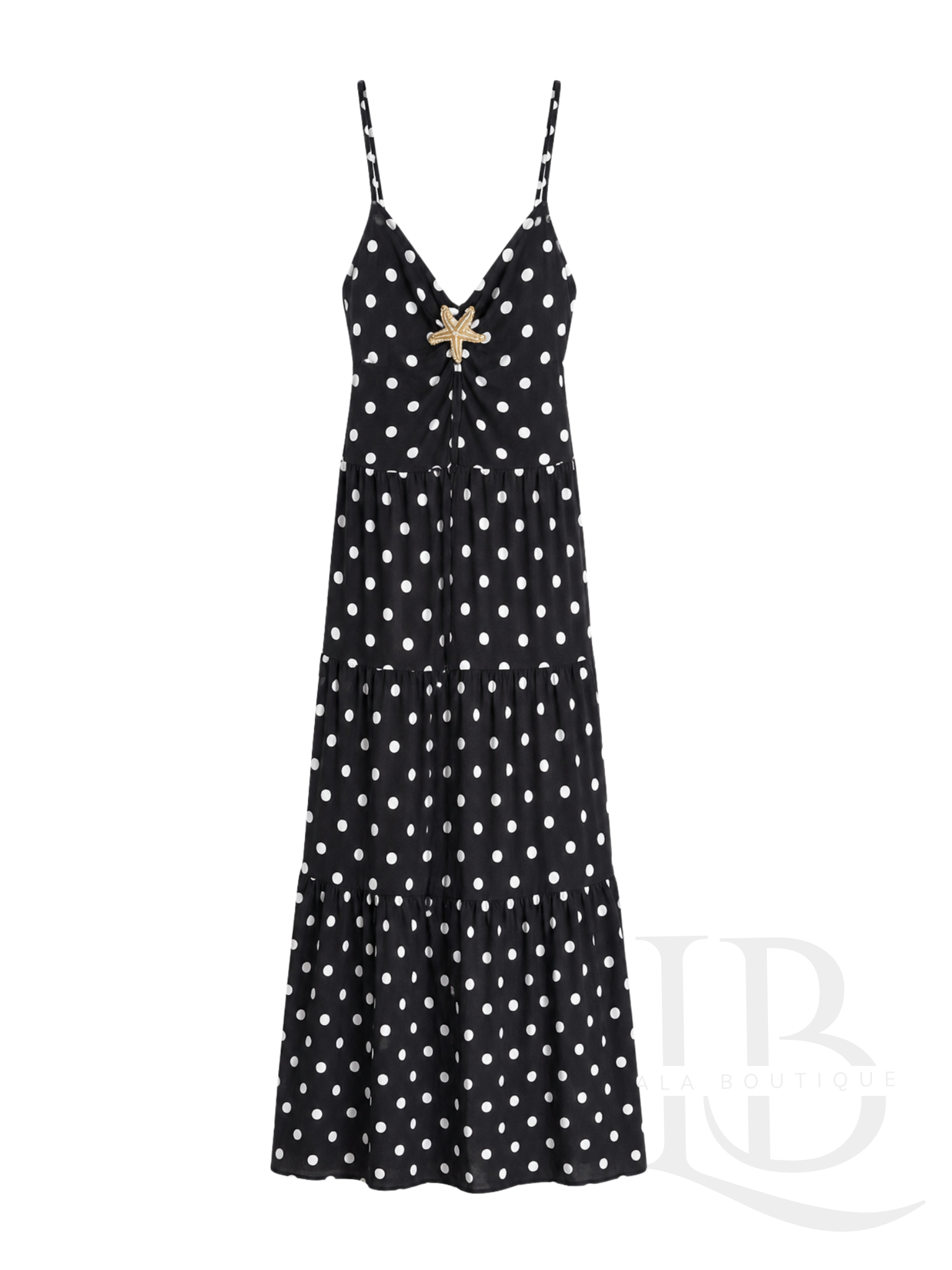 VESTIDO OSCURO CON LUNARES BLANCOS
