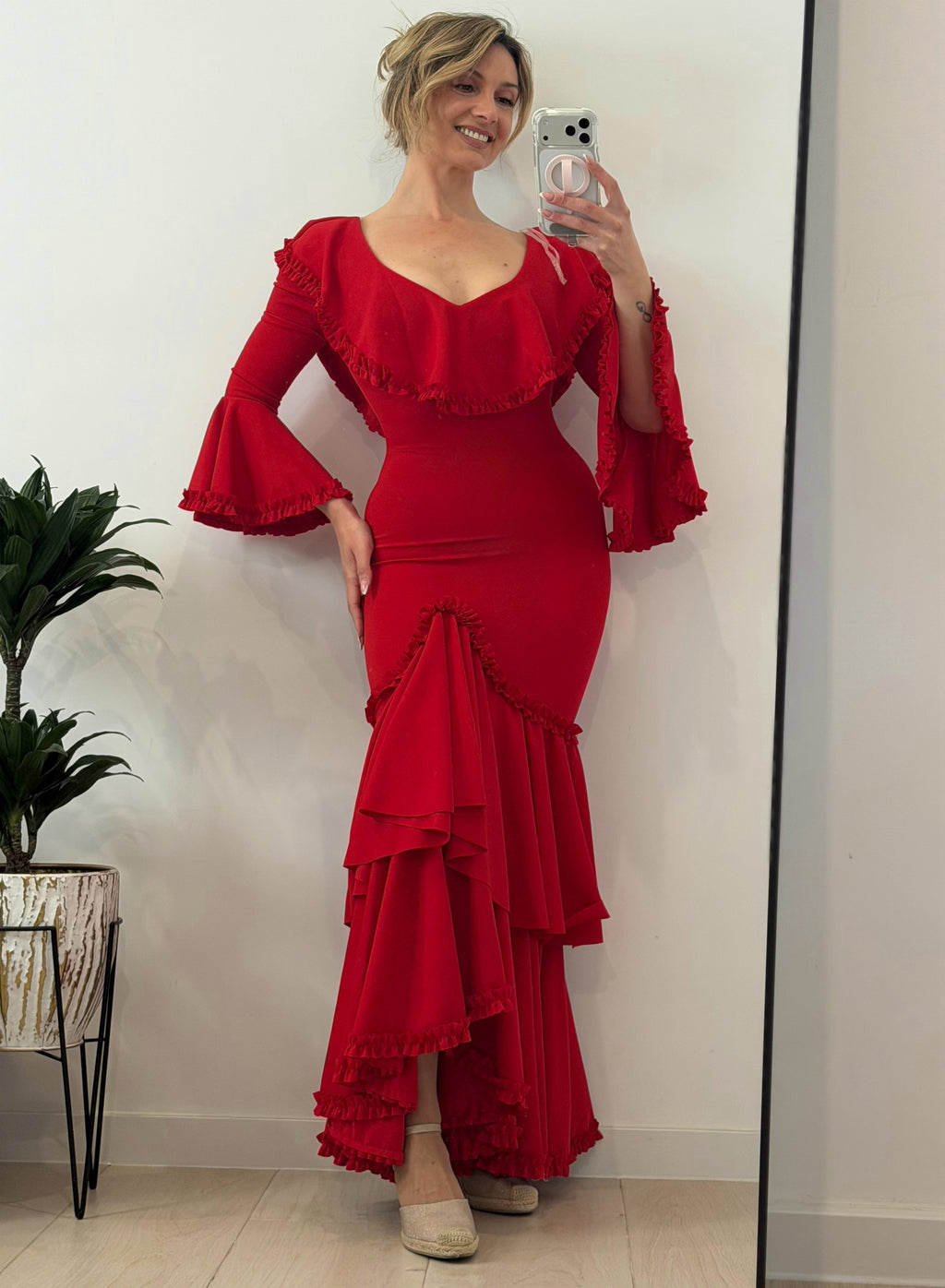 VESTIDO FLAMENCO ESCOTE BARCO, ROJO