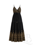 VESTIDO FLUIDO OSCURO CON DETALLES DORADOS
