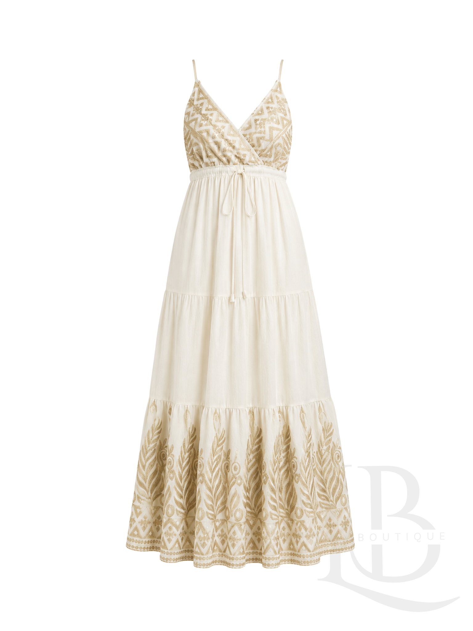 VESTIDO FLUIDO BLANCO CON DETALLES DORADOS