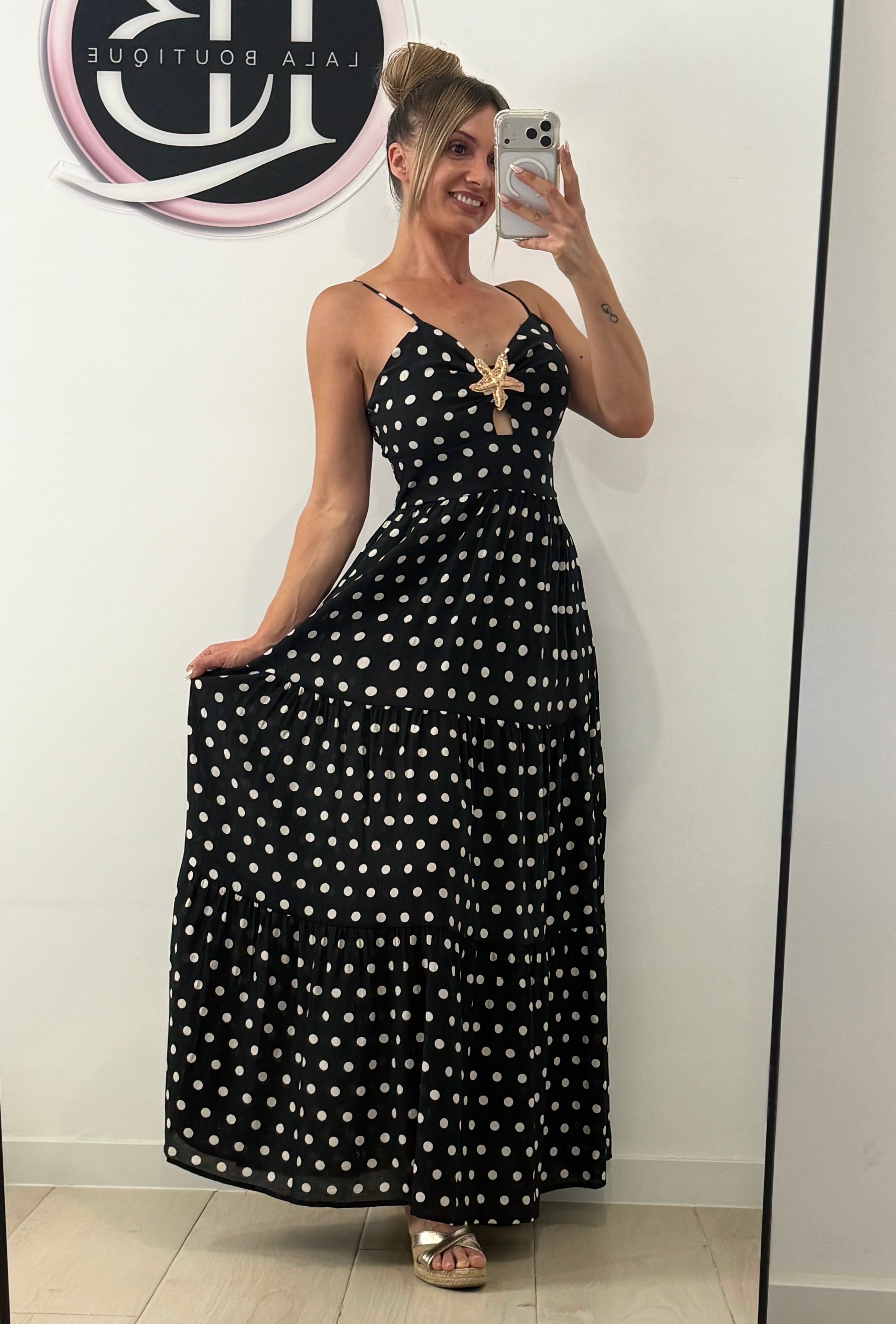 VESTIDO OSCURO CON LUNARES BLANCOS
