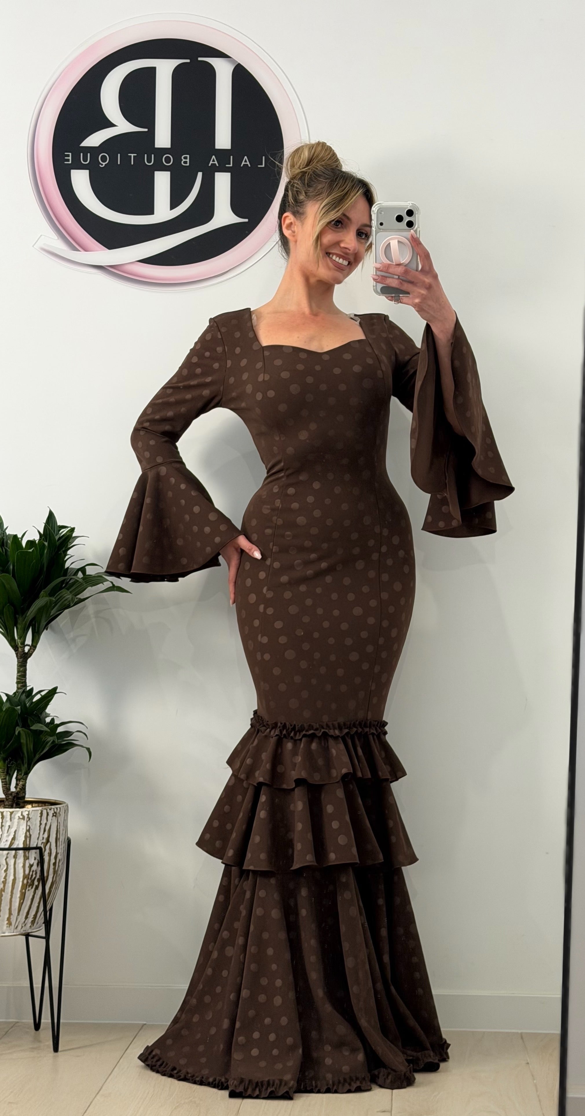 VESTIDO FLAMENCO DE LUNARES, MARRÓN