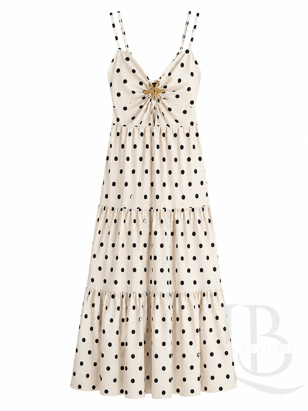 VESTIDO BEIGE CON LUNARES OSCUROS