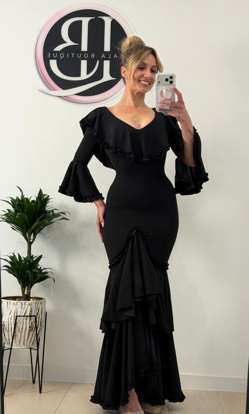 VESTIDO FLAMENCO ESCOTE BARCO, OSCURO