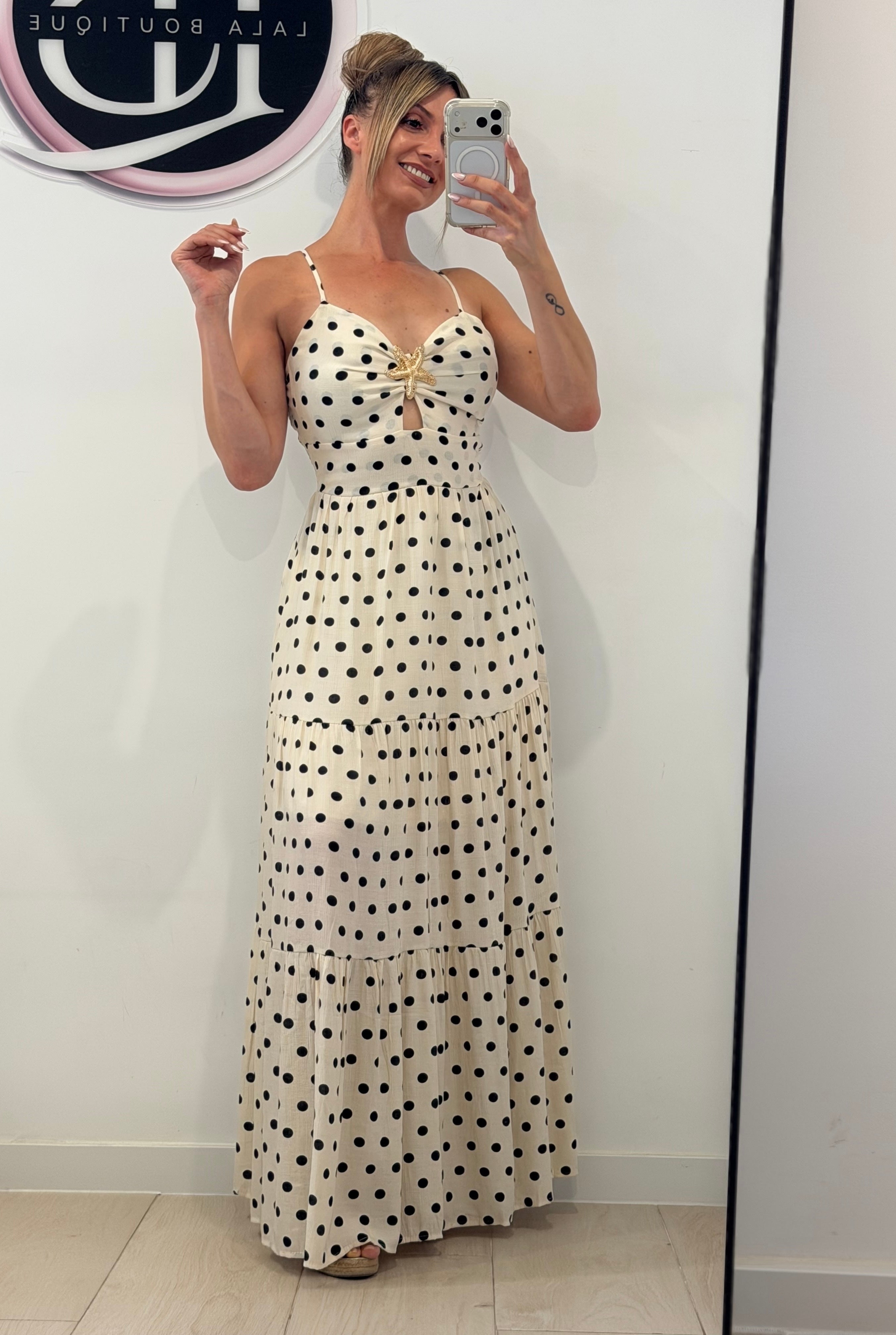 VESTIDO BEIGE CON LUNARES OSCUROS