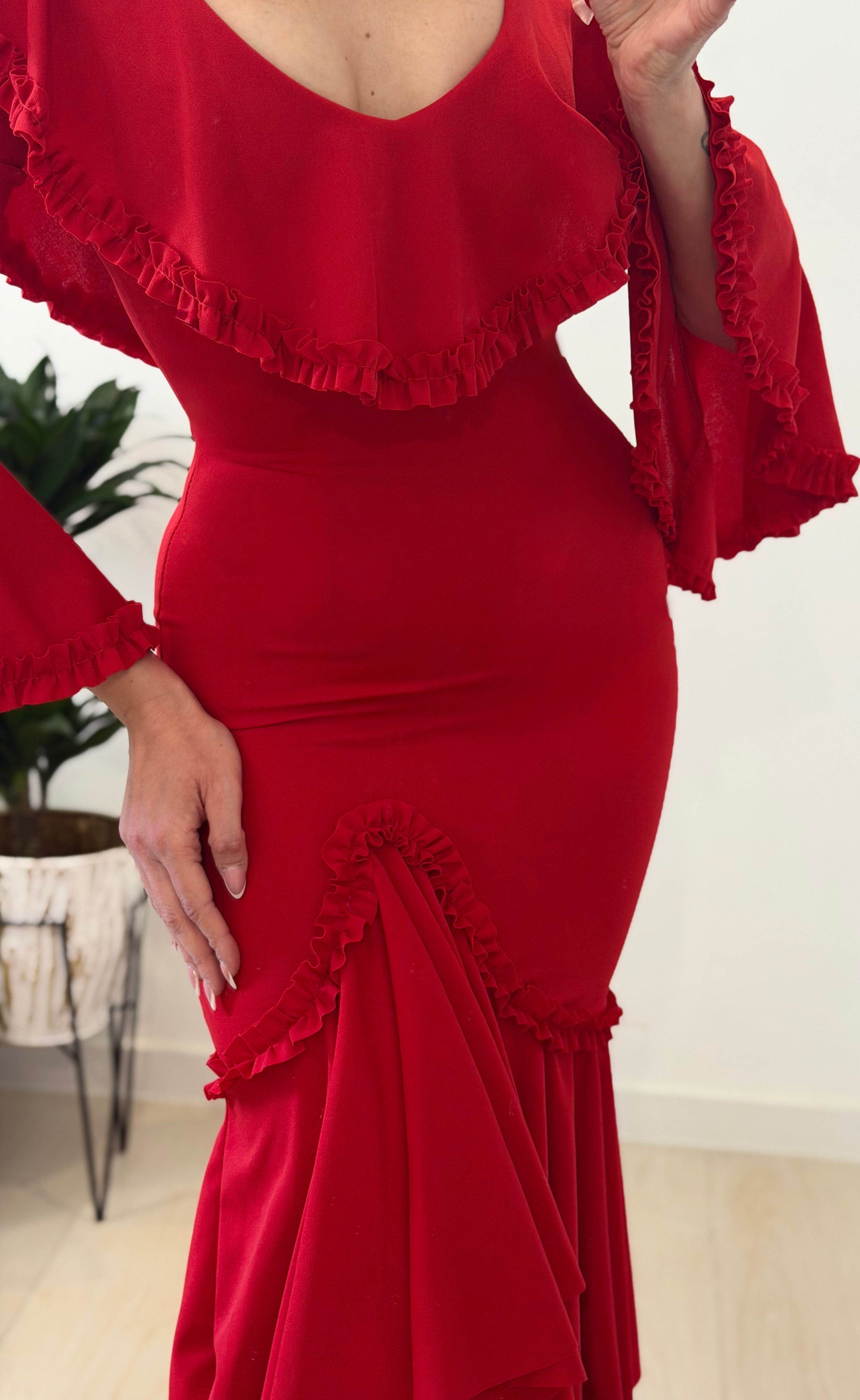 VESTIDO FLAMENCO ESCOTE BARCO, ROJO