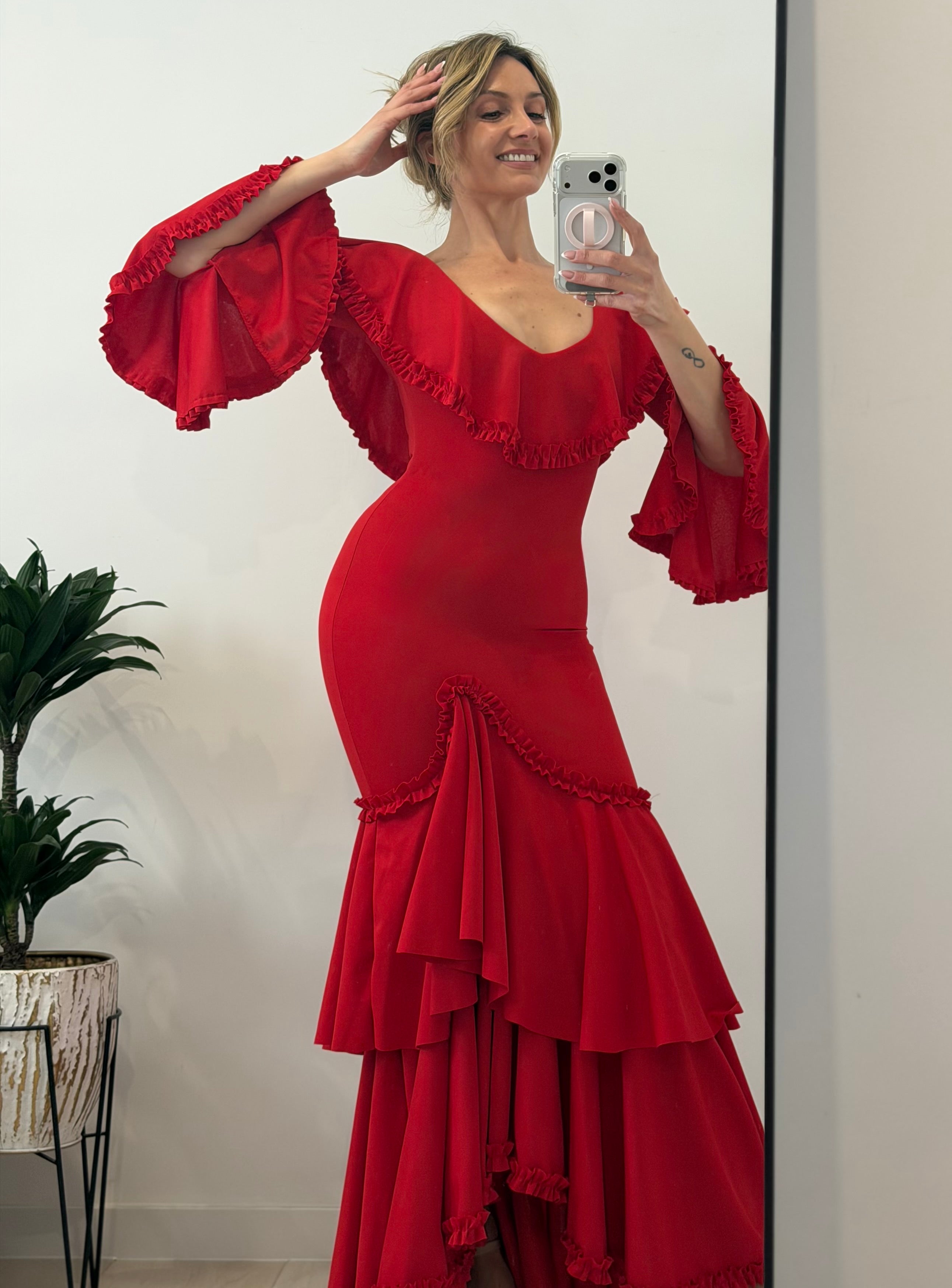 VESTIDO FLAMENCO ESCOTE BARCO, ROJO